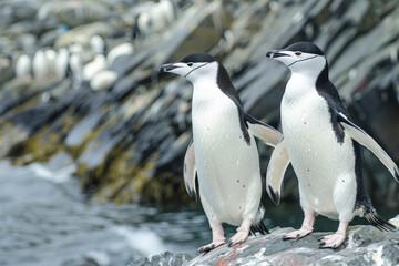 Two chinstrap penguins waddle awkwardly along the rocky shoreline.