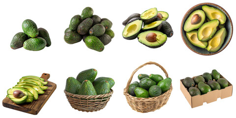 Avocado png isolated set in 3d transparent using for presentation.