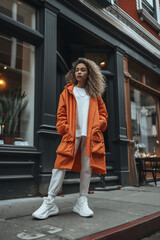 Fashionable young mixed race woman wearing casual clothes and sneakers standing on a city street. Stylish and comfortable urban wear concept.