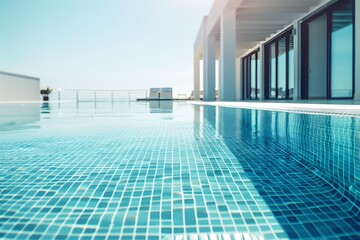 Infinity pool in a modern hotel. Contemporary architecture, exterior design. Summer vacation and travel concept. Luxury  resort. Design for brochure, poster, banner