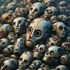 A pile of scrap metal robotic heads on the robot graveyard