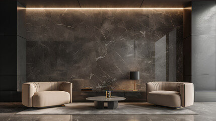 Livingroom in dark gray and taupe colors. Mockup microcement texture wall interior. Design office. Beige ivory accents, decor shelves and lamp. Modern reception lounge with rich chairs