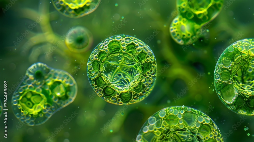 Poster a microscopic image of green algae cells each with a distinct nucleus and chloroplasts that give the