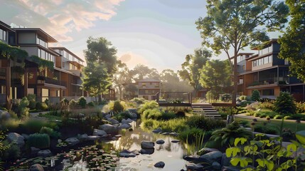 a captivating 4K scene of a sustainable community, where energy-efficient homes are complemented by community orchards, rain gardens, and green corridors, creating a vibrant ecosystem  - obrazy, fototapety, plakaty