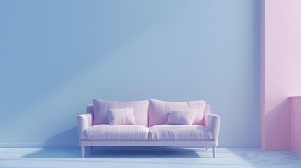 Livingroom or buisness hall scene light pastel color. Lounge room - blue sky paint and velor. Empty wall blank - navy background and pale tone loveseat. Luxury modern home design interior