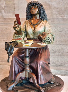 Colombia, Cartagena de Indias, October 18, 2023, bronze sculpture entitled the fortune teller by Enrique Grau