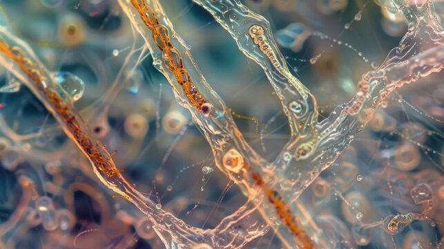 A microscopic view of a nematode infestation on plant roots with the worms attached to the surface and causing damage to the plants