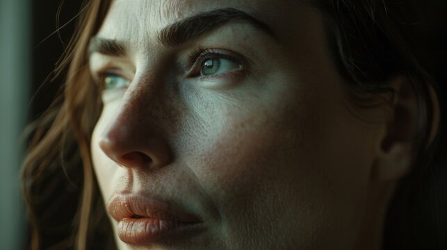 A closeup portrait captures the actors contemplative stare as they gaze off into the distance lost in thought and conveying a complex mix of emotions including sadness longing and .