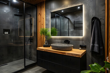Contemporary modern bathroom interior in dark black colors, concrete and wooden elements.