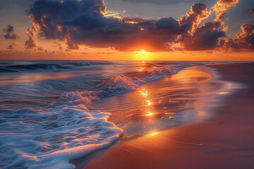Amazing view of the sunset over the sea with waves and white sand on the beach. Generated by...