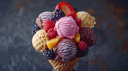 Multiple flavors of cream ice cream balls decorated with fruit and wafers on semi dipped chocolate cone