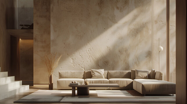 Luxury living room in warm colors. Brown beige walls, light gray lounge furniture -sofa, table. Empty background microcement for art. Rich interior design. Mockup room office reception