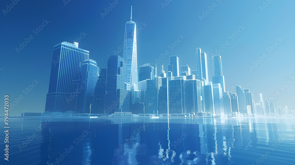 Sticker Modern skyscrapers of a smart city, futuristic financial district, graphic perspective of buildings and reflections - Architectural blue background for corporate and business brochure template