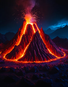 A fiery volcano with fireworks against the backdrop of a midnight blue sky.