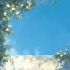Blooming Paradise: A Serene Escape with Flower-Adorned Wall and Clear Skies