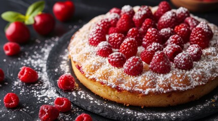 A cake with powdered sugar and raspberries on a black plate, AI