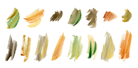Watercolor set of brown, orange and green earth colors brush strokes and splashes. Watercolour unique organic neutral color stains for pattern design, poster and banner, stickers, logo, collages