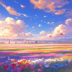 Luscious Landscape of Multi-Colored Tulips Under a Soft Sky