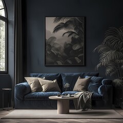 A charming vintage-themed living room, featuring a blue velvet sofa with white cushions, a wooden coffee table, and an inviting plant in the corner.