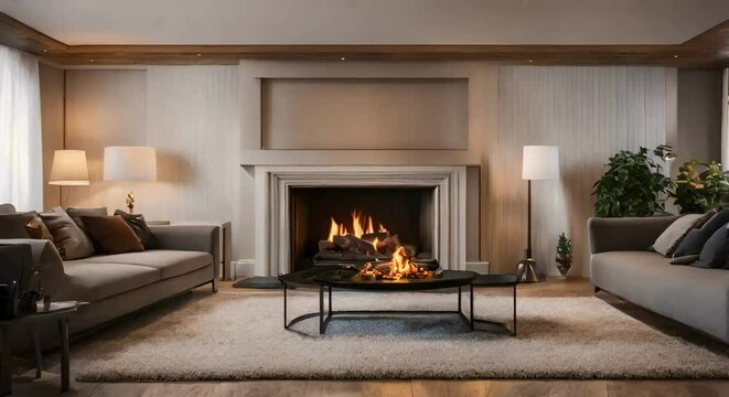 Cozy Living Room: Fireplace Background Animation, Seamless Looping 4K Time-Lapse