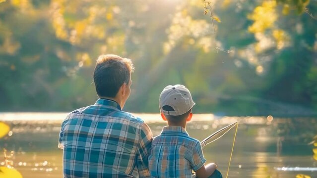 Father in plaid shirt and little son in cap fishing sitting in nature on the shore of the lake and fishing. Psychology of Parent-Child Communication. Father's Day. Fishing Tackle