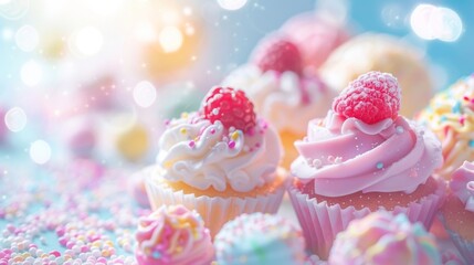 Soft and hazy blurred backgrounds of assorted confections create a sweetly dreamy atmosphere for the delightful and colorful Sweets for the Sweet Candycolored play sets. . - obrazy, fototapety, plakaty
