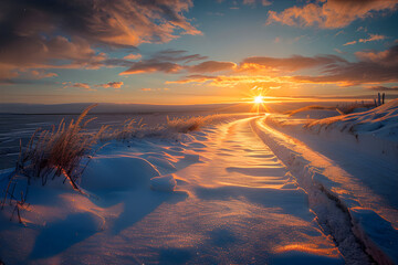 Gorgeous winter countryside sunset. A delightful snowy road illuminated by evening light. Traveling concept.	