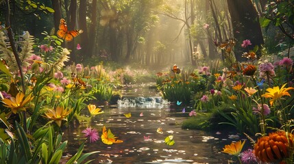 a high-definition 8K scene featuring a peaceful woodland stream lined with banks of wildflowers, their colorful blooms attracting butterflies and bees, creating a lively and vibrant ecosystem