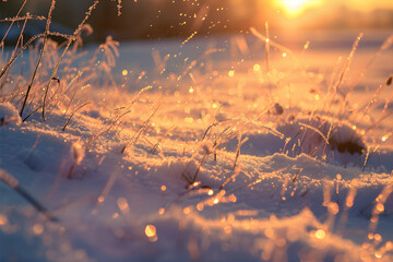 Gorgeous winter countryside sunset. A delightful snowy road illuminated by evening light. Traveling concept.	