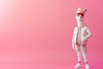 Fondo rosado con llama humanizada vestida moderna, erguida de pie. Generado con tecnología IA