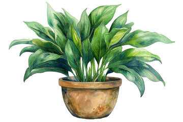 Green plant in a pot on a transparent background. Watercolor illustration