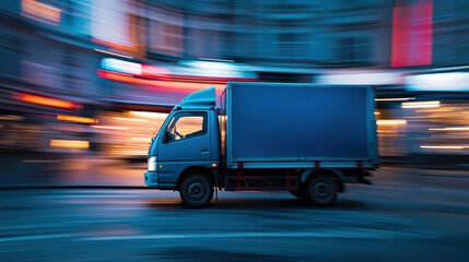  blue cargo truck on highway, motion blur, blurred background. Transportation and logistics concept Suitable for banner, flyer, or advertisement. Fast shipping logistics concept 