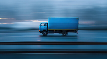  blue cargo truck on highway, motion blur, blurred background. Transportation and logistics concept Suitable for banner, flyer, or advertisement. Fast shipping logistics concept 