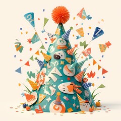 A Spectacular 3D Illustration of a Festive Birthday Cake Adorned with Vibrant Party Hats and Confetti