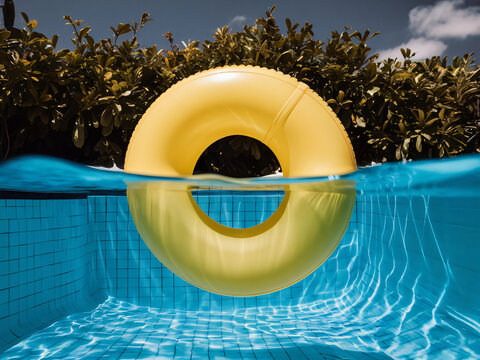 Piscina con juguete inflable flotando, concepto de verano y relajaci&oacute;n