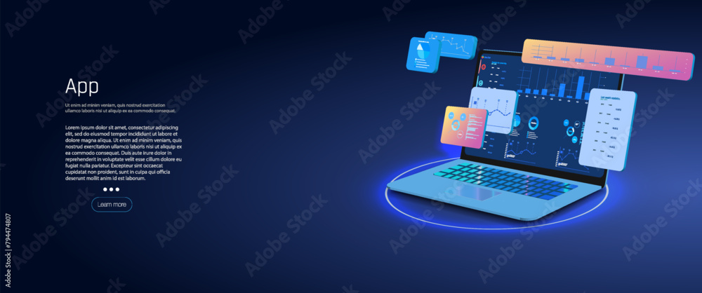 Poster futuristic laptop with high-tech user interface on a radiant circular platform, ideal for software p