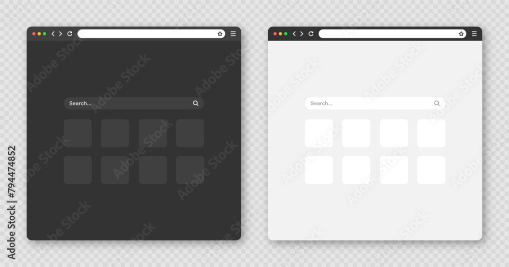 Poster blank web browser window with toolbar and search field. modern website, internet page in flat style.