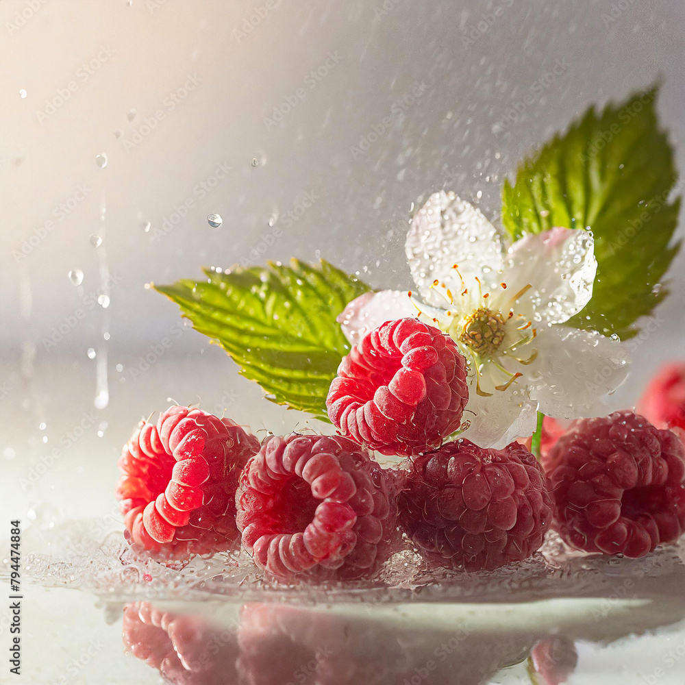 Poster illustration of a vibrant raspberries splashes into water, creating a dynamic and colorful scene, re