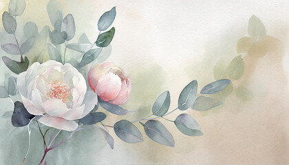 Illustration of a greeting card template watercolor painting of delicate peonies flowers and green leaves blended background. Mockup for invitation card. Generative Ai