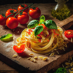 Illustration of fresh homemade pasta with pasta ingredients and basil leaves on dark wooden table. Generative AI.
