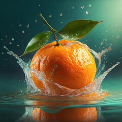 Illustration of sliced clementine fruit amidst splashing water, with a whole, reflecting on the surface. Generative Ai.