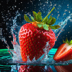 Illustration of vibrant strawberry in water splashes on black background. Generative Ai.