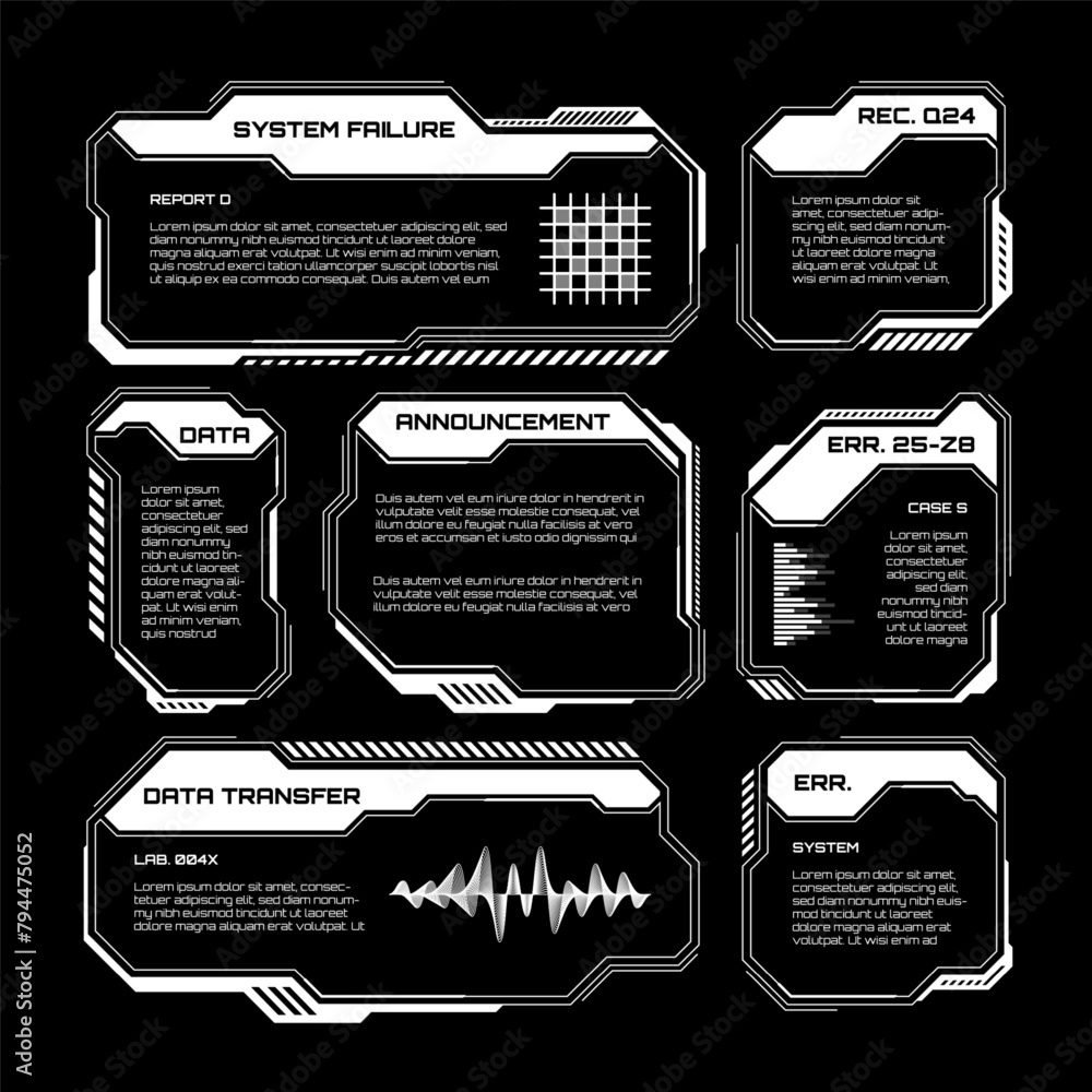 Aufkleber white futuristic hud, ui elements. sci-fi user interface text boxes, callouts. warning message frame