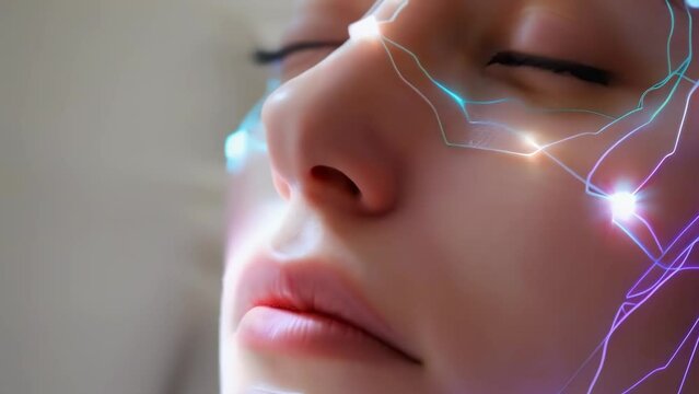 Close-up of an individual undergoing non-invasive neurostimulation therapy, with electrical impulses mapped across their face for a medical or cosmetic treatment