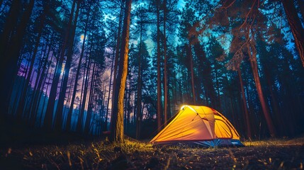 Camping in pine tree forest at night colourfull illuminate tent  