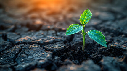 A resilient green sapling emerges from the parched, cracked ground, symbolizing hope and renewal amid adversity.