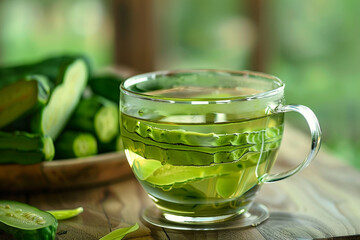 A high-definition image showcasing a glass teacup filled with bitter gourd tea, ready for sipping.
