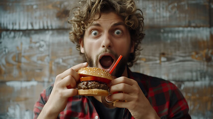 Picture of shocked young man standing isolated over grey wall background eating a burger drinking...