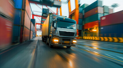 Naklejka premium truck driving fast at a container yard in the dock area of a cargo ship port, with a motion blur background. transport and logistics industry concept international trucking fast paced transportation 