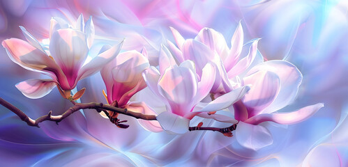 Beautiful spiritual white orchid sprig against a wispy flowing ethereal  blue pink background 